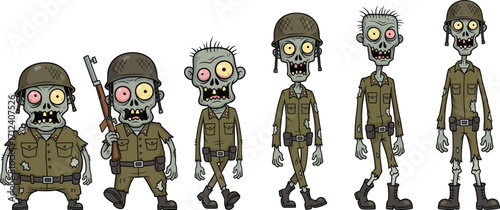 Cartoon zombie soldiers in tattered military uniforms with weapons and grotesque features, ideal for horror, Halloween, and undead character design.