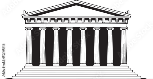 Greek-style Temple Silhouette Vector Illustration Columns, Steps, and Pediment Black Outline