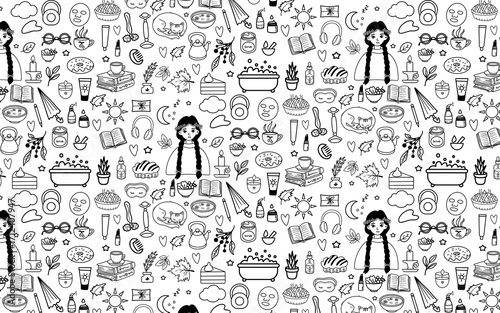Webmental health Wellness self care icon cute doodle skincare relax spa seamless pattern background