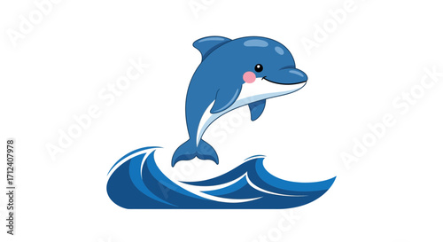 Cheerful blue cartoon dolphin jumping from ocean waves. An adorable aquatic animal mascot or logo illustration isolated on a white background