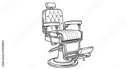 Vintage barber chair with reclining back and adjustable footrest.