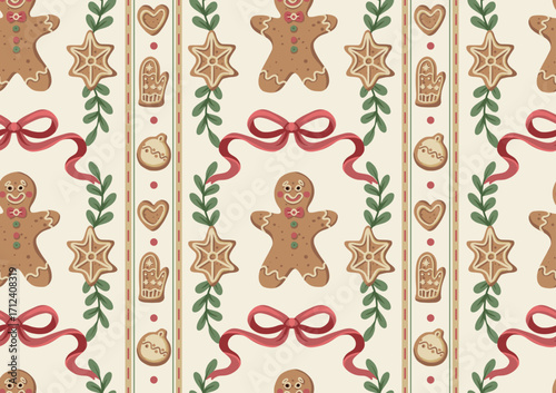 Christmas gingerbread gingerman bow seamless pattern with cookies stars hearts mittens holiday decoration