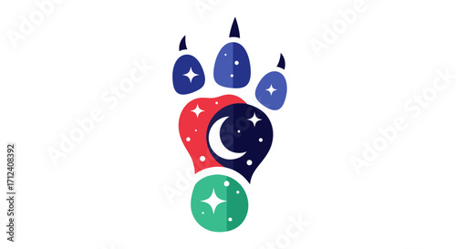 Stylized animal paw print with celestial moon and stars.
