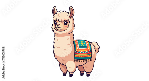 Adorable Alpaca in Traditional Andean Blanket Cute Illustration