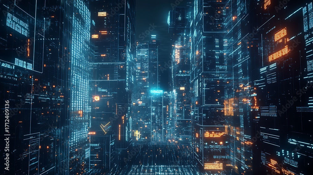 Fototapeta premium Abstract Futuristic City with Glowing Circuitry Patterns digital technology photo