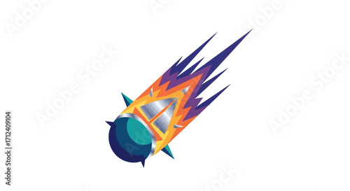 Stylized flaming rocket meteor descending from space.