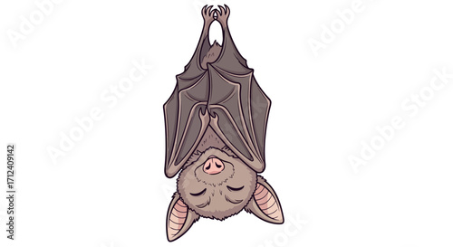 Charming hand-drawn illustration of a sleeping bat, a cute nocturnal mammal resting in its natural upside-down position