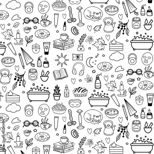 mental health Wellness self care icon cute doodle skincare relax spa seamless pattern
