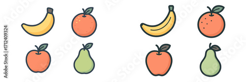 Colorful cartoon fruits arranged in patterns showcasing bananas, oranges, apples, and pears with green leaves