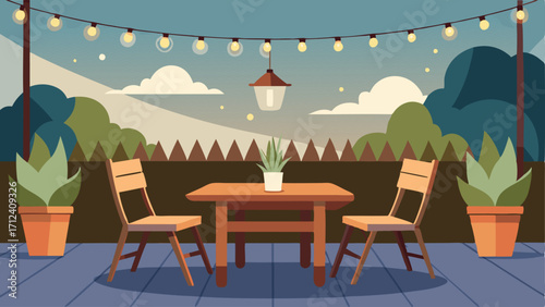A charming outdoor patio with string lights hanging above a rustic wooden dining table and comfortable chairs.
