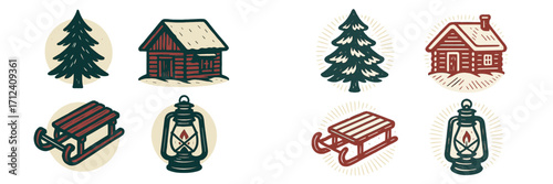 Winter holiday season symbols with pine trees, cozy cabins, sleds, and vintage lanterns for festive designs