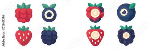 Colorful assortment of cartoon fruits showcasing raspberries, blueberries, strawberries, and blackberries in a vibrant design