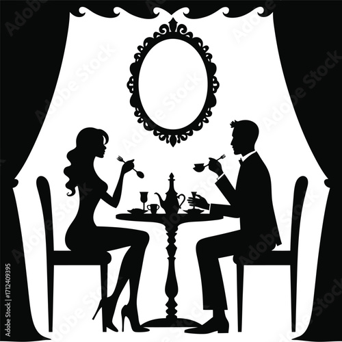 Couple dining at table with tea set and ornate mirror