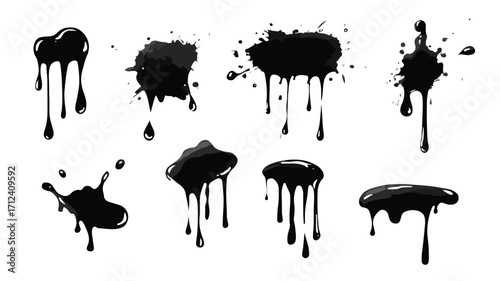 Dynamic Black Dripping Ink: Abstract Isolated Paint Spots Floating