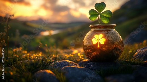 Golden Pot With Shamrock At Sunset Landscape