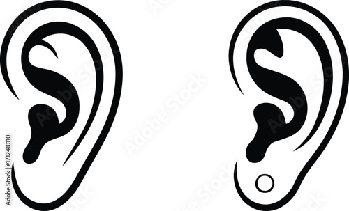 Two Stylized Black and White Ear Illustrations Depicting Human Anatomy and Piercing with One Ear Featuring a Circular Earring or Stretched Lobe