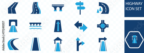 Road icon set. highway, traffic light, signpost, directions, parking, route, GPS, drive, crosswalk, intersection and roundabout symbol.