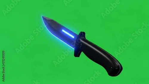 A futuristic knife with a vibrant blue glow against a solid green background.