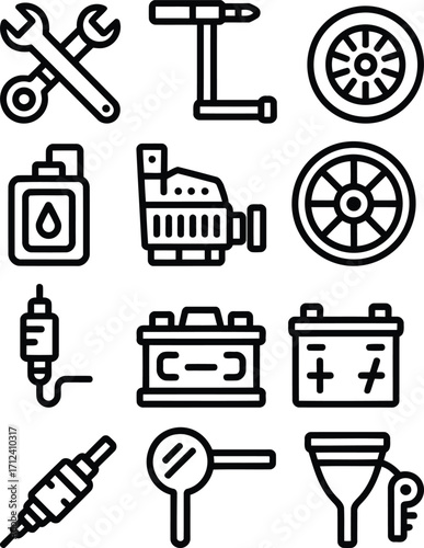 Automotive Essentials Icon Set A Comprehensive Collection of Car Maintenance Parts Tools And Components For Mechanic Work And Repair Services