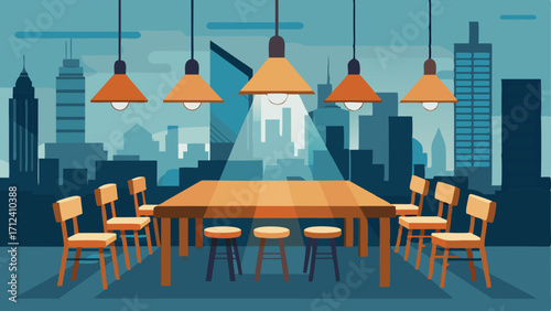 A dining area with a long wooden table adorned with industrialstyle lighting fixtures overlooking a view of the cityscape.