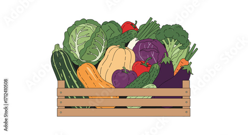 A wooden crate overflowing with a vibrant assortment of fresh healthy vegetables.