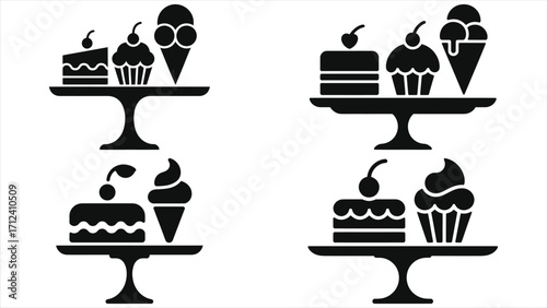Dessert tray silhouette vector icon set featuring cake slice, cherry cupcake, ice cream cone, bakery sweets on pedestal stand, black isolated patisserie graphic for menu, cafe logo, packaging