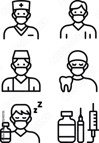 A Collection of Healthcare Professional Icons Representing Medical Personnel Like Surgeons Dentists and Sleepy Doctors Along With Medicine Icons