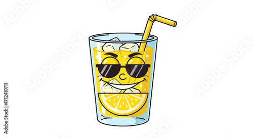 A refreshing glass of lemonade with ice and a slice of lemon, sporting sunglasses and a straw, conveying a cool and fun vibe