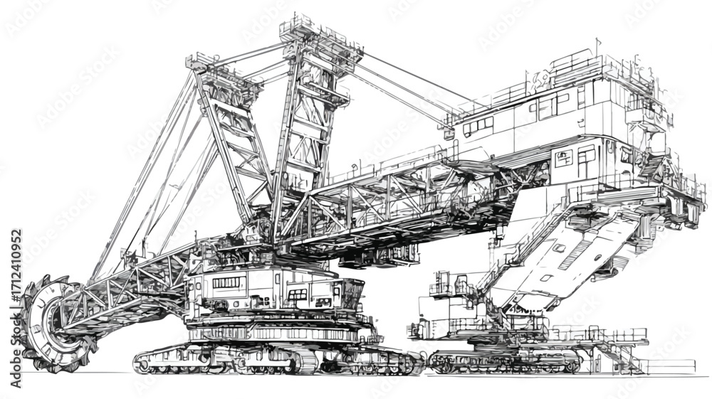 Obraz premium Bucket Wheel Excavator Outline Vector Illustration for Construction Industry