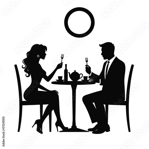 Couple dining at table with teapot and wine bottle silhouette