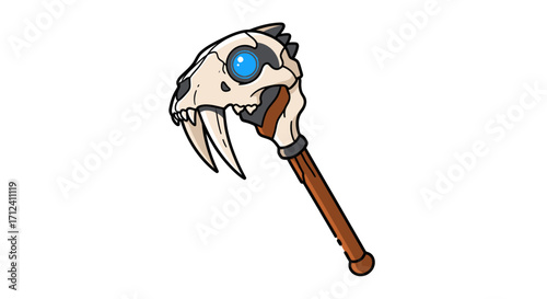 Stylized Skull Staff with Glowing Blue Eye and Large Fangs.