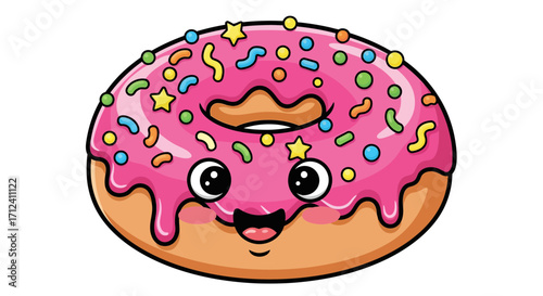 Whimsical Pink Frosted Donut with Sprinkles and Cute Face - A Delightful Treat Illustration