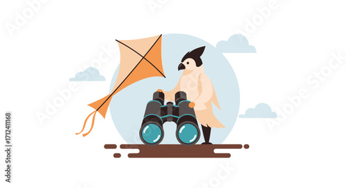 A Bird Looking Through Binoculars, Next To A Kite On A Sunny Day Adventure