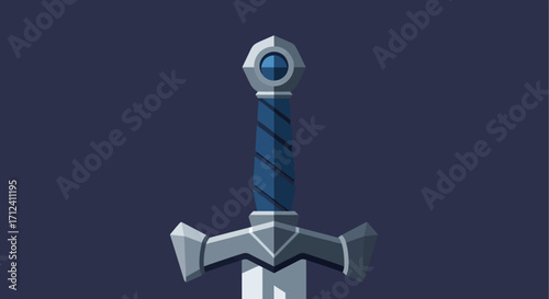 Stylized Sword with Blue Hilt and Silver Accents on Dark Background.