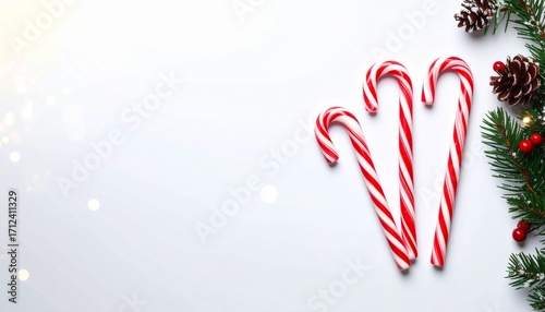 Classic red and white peppermint candy canes isolated on a clean white background, perfect for Christmas themes, festive holiday decorations, candy packaging, and seasonal treats.