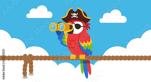 A Pirate Parrot Using Binoculars On A Rope With A Cloudy Sky Background Illustration