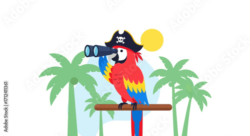 A Pirate Parrot Gazing Through Binoculars Amidst Palm Trees and the Bright Summer Sun