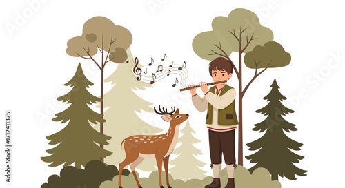 A Boy Plays The Flute, Music Soothes A Deer In A Serene Forest Scene