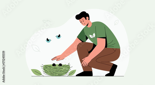 A Caring Individual Interacting With A Nest And Birds In An Illustrative Depiction