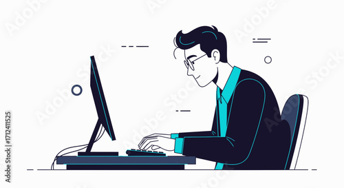 A Professional Is Working At The Computer, Concentrating And Engrossed In The Task