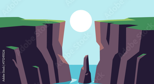 Stylized Vector Illustration of a Coastal Cliff Gorge.