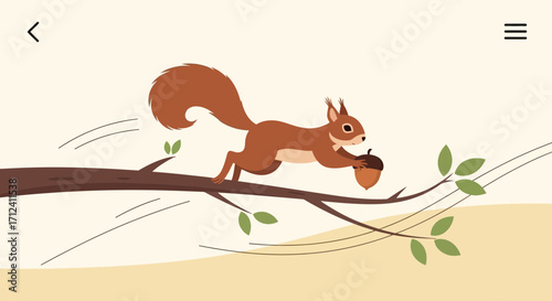 A Playful Squirrel Carrying Acorn on a Tree Branch in a Vibrant Illustration