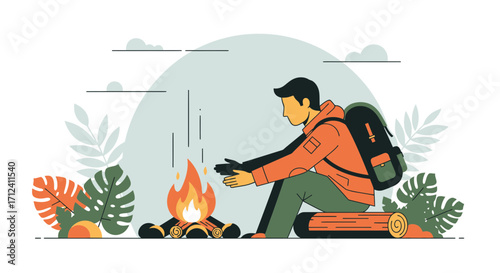 A Camper Warming Up Near A Campfire Under A Serene Nature-Inspired Environment
