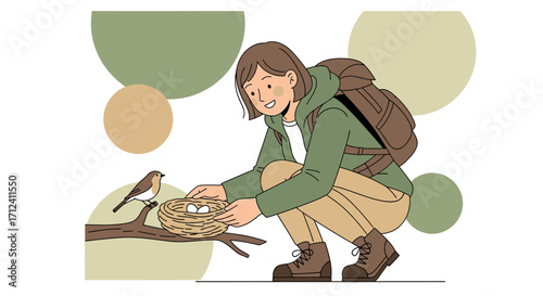 A Caring Person Observed a Bird's Nest in the Nature and Shows Affection towards it