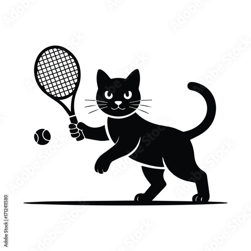 Playful black cat in silhouette hitting a tennis ball with a racket silhouette