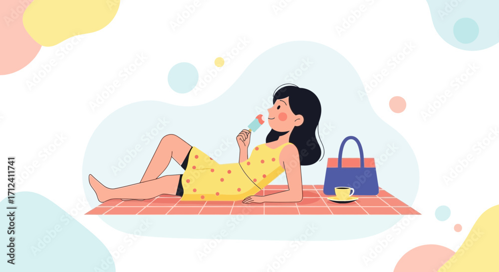 Fototapeta premium A Relaxing Summer Day Portrayed With A Woman Enjoying A Sweet Treat And Leisure