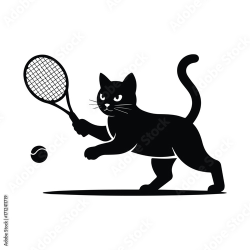 Playful black cat silhouette hitting a tennis ball with a racket silhouette