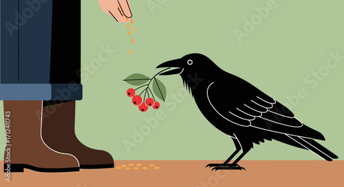 A Raven's Benevolence: Delivering Berries in Exchange for Sustenance, Vector Art