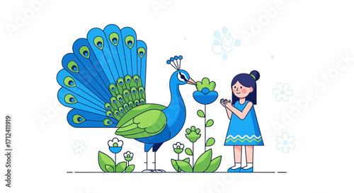 A Cheerful Moment: Peacock, Girl, And Serene Floral Arrangement With a Pleasant Ambiance