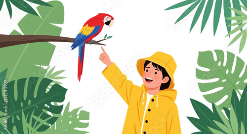 A Cheerful Person Admiring A Vivid Parrot Perched Amongst Lush Tropical Foliage